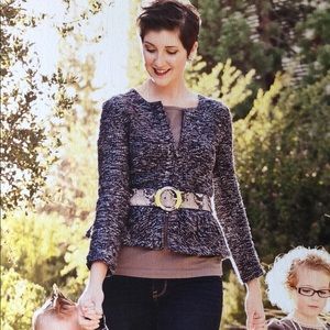 Blue and silver/grey woven ruffled peplum jacket.